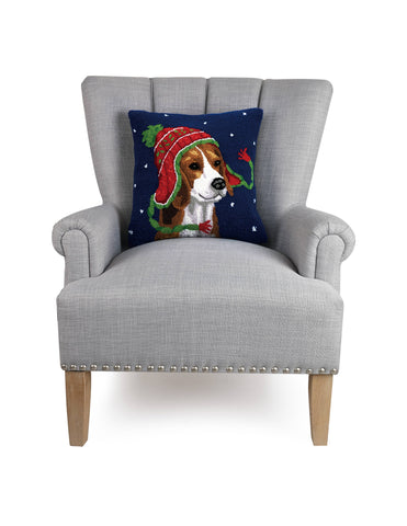 Holiday Beagle Hooked Wool Pillow