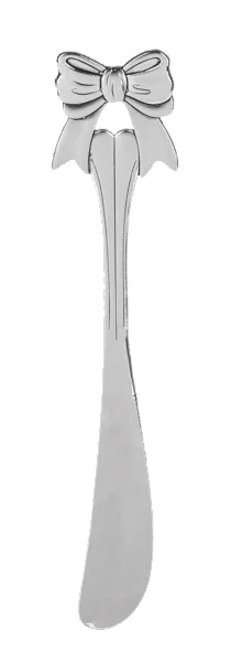 Silver spreader with a decorative bow on top shown against a white background