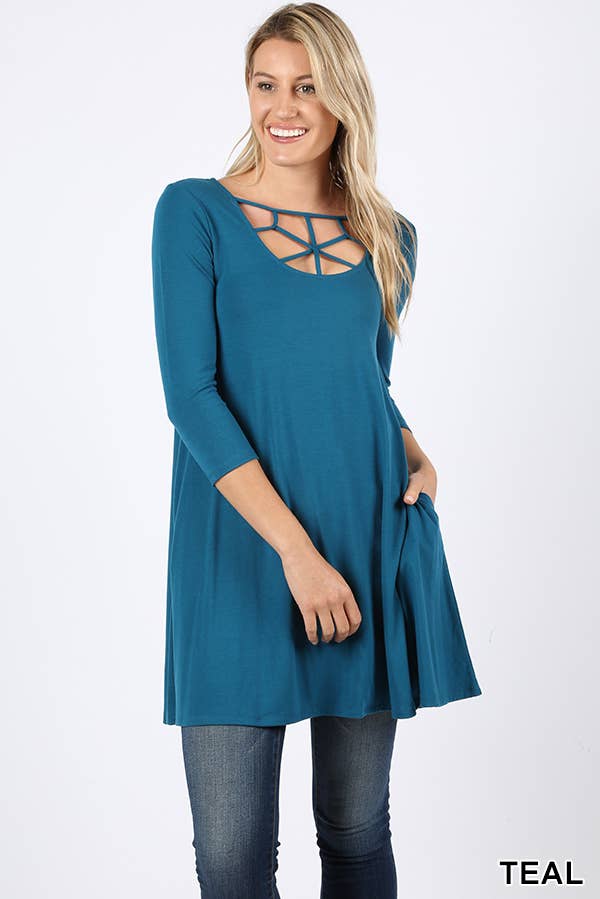 3/4 Sleeve Criss Cross Detail Pocket Tunic