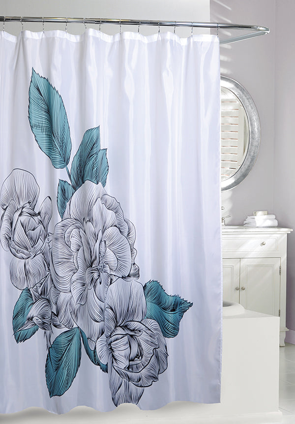 Blue Sketch Floral Fabric Shower Curtain