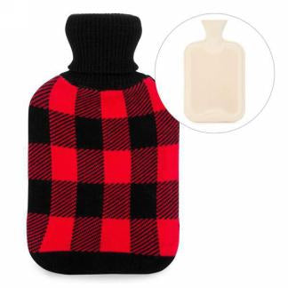 Hot water bottle with plaid knit cover