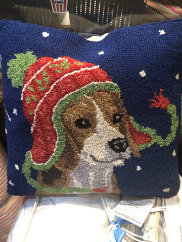 Holiday Beagle Hooked Wool Pillow