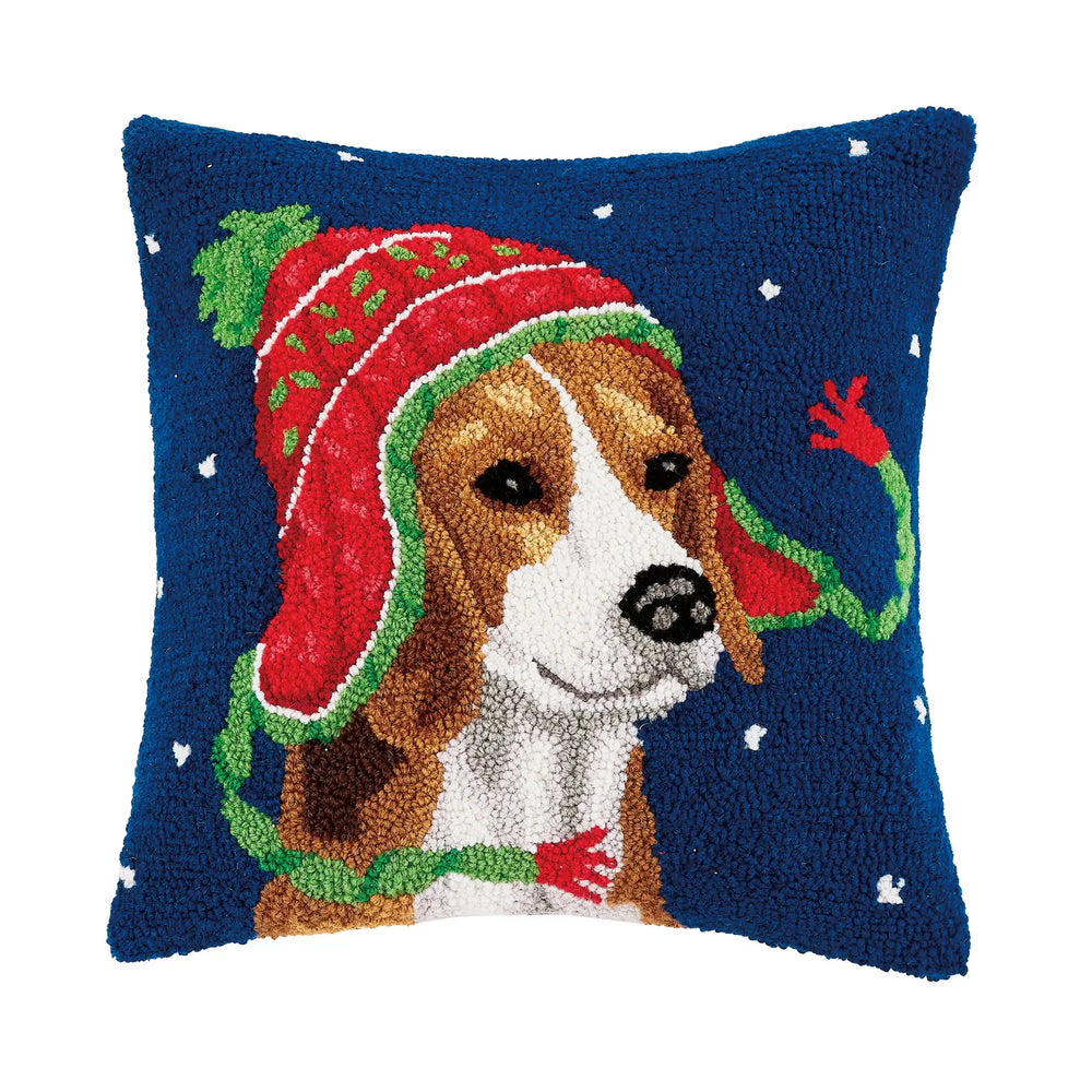 Holiday Beagle Hooked Wool Pillow